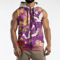 Hawaiian and Japanese Culture Together Sleeveless Zip Hoodie Kakau Tribal Pattern and Irezumi Art Purple Color