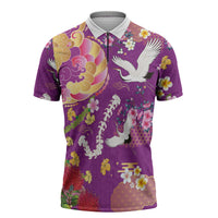 Hawaiian and Japanese Culture Together Zipper Polo Shirt Kakau Tribal Pattern and Irezumi Art Purple Color LT03 Purple - Polynesian Pride