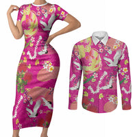 Hawaiian and Japanese Culture Together Couples Matching Short Sleeve Bodycon Dress and Long Sleeve Button Shirt Kakau Tribal Pattern and Irezumi Art Pink Color LT03 Pink - Polynesian Pride