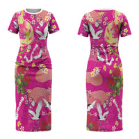 Hawaiian and Japanese Culture Together Couples Matching Short Sleeve Bodycon Dress and Long Sleeve Button Shirt Kakau Tribal Pattern and Irezumi Art Pink Color LT03 - Polynesian Pride