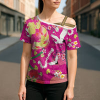 Hawaiian and Japanese Culture Together Cross Shoulder Shirt Kakau Tribal Pattern and Irezumi Art Pink Color