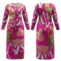 Hawaiian and Japanese Culture Together Family Matching Long Sleeve Bodycon Dress and Hawaiian Shirt Kakau Tribal Pattern and Irezumi Art Pink Color LT03 Mom's Dress Pink - Polynesian Pride