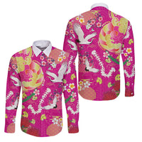 Hawaiian and Japanese Culture Together Family Matching Long Sleeve Bodycon Dress and Hawaiian Shirt Kakau Tribal Pattern and Irezumi Art Pink Color LT03 Dad's Shirt - Long Sleeve Pink - Polynesian Pride