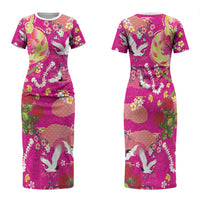 Hawaiian and Japanese Culture Together Family Matching Short Sleeve Bodycon Dress and Hawaiian Shirt Kakau Tribal Pattern and Irezumi Art Pink Color LT03 Mom's Dress Pink - Polynesian Pride
