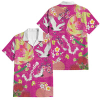 Hawaiian and Japanese Culture Together Family Matching Short Sleeve Bodycon Dress and Hawaiian Shirt Kakau Tribal Pattern and Irezumi Art Pink Color LT03 Dad's Shirt - Short Sleeve Pink - Polynesian Pride
