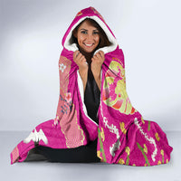 Hawaiian and Japanese Culture Together Hooded Blanket Kakau Tribal Pattern and Irezumi Art Pink Color