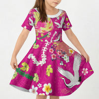 Hawaiian and Japanese Culture Together Kid Short Sleeve Dress Kakau Tribal Pattern and Irezumi Art Pink Color LT03 KID Pink - Polynesian Pride