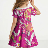 Hawaiian and Japanese Culture Together Kid Short Sleeve Dress Kakau Tribal Pattern and Irezumi Art Pink Color LT03 - Polynesian Pride
