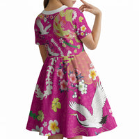 Hawaiian and Japanese Culture Together Kid Short Sleeve Dress Kakau Tribal Pattern and Irezumi Art Pink Color LT03 - Polynesian Pride