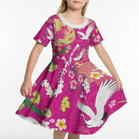 Hawaiian and Japanese Culture Together Kid Short Sleeve Dress Kakau Tribal Pattern and Irezumi Art Pink Color LT03 - Polynesian Pride
