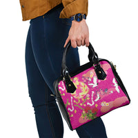 Hawaiian and Japanese Culture Together Shoulder Handbag Kakau Tribal Pattern and Irezumi Art Pink Color