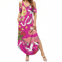 Hawaiian and Japanese Culture Together Summer Maxi Dress Kakau Tribal Pattern and Irezumi Art Pink Color LT03 Women Pink - Polynesian Pride