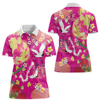 Hawaiian and Japanese Culture Together Women Polo Shirt Kakau Tribal Pattern and Irezumi Art Pink Color