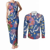Hawaiian and Japanese Culture Together Couples Matching Tank Maxi Dress and Long Sleeve Button Shirt Kakau Tribal Pattern and Irezumi Art Blue Color