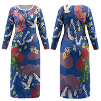 Hawaiian and Japanese Culture Together Family Matching Long Sleeve Bodycon Dress and Hawaiian Shirt Kakau Tribal Pattern and Irezumi Art Blue Color LT03 Mom's Dress Blue - Polynesian Pride