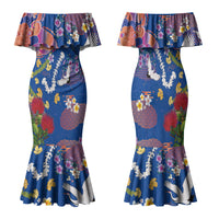 Hawaiian and Japanese Culture Together Family Matching Mermaid Dress and Hawaiian Shirt Kakau Tribal Pattern and Irezumi Art Blue Color LT03 Mom's Dress Blue - Polynesian Pride