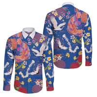 Hawaiian and Japanese Culture Together Family Matching Off Shoulder Maxi Dress and Hawaiian Shirt Kakau Tribal Pattern and Irezumi Art Blue Color LT03 Dad's Shirt - Long Sleeve Blue - Polynesian Pride