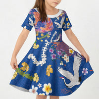 Hawaiian and Japanese Culture Together Kid Short Sleeve Dress Kakau Tribal Pattern and Irezumi Art Blue Color LT03 KID Blue - Polynesian Pride