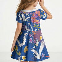 Hawaiian and Japanese Culture Together Kid Short Sleeve Dress Kakau Tribal Pattern and Irezumi Art Blue Color LT03 - Polynesian Pride