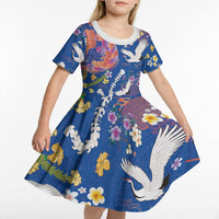 Hawaiian and Japanese Culture Together Kid Short Sleeve Dress Kakau Tribal Pattern and Irezumi Art Blue Color LT03 - Polynesian Pride