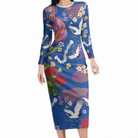 Hawaiian and Japanese Culture Together Long Sleeve Bodycon Dress Kakau Tribal Pattern and Irezumi Art Blue Color LT03 Long Dress Blue - Polynesian Pride