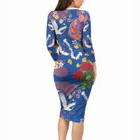 Hawaiian and Japanese Culture Together Long Sleeve Bodycon Dress Kakau Tribal Pattern and Irezumi Art Blue Color LT03 - Polynesian Pride