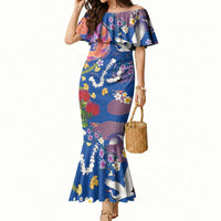 Hawaiian and Japanese Culture Together Mermaid Dress Kakau Tribal Pattern and Irezumi Art Blue Color LT03 Women Blue - Polynesian Pride