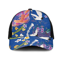 Hawaiian and Japanese Culture Together Mesh Trucker Cap Kakau Tribal Pattern and Irezumi Art Blue Color