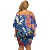Hawaiian and Japanese Culture Together Off Shoulder Short Dress Kakau Tribal Pattern and Irezumi Art Blue Color LT03 - Polynesian Pride