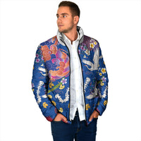 Hawaiian and Japanese Culture Together Padded Jacket Kakau Tribal Pattern and Irezumi Art Blue Color