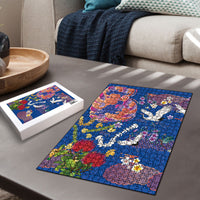Hawaiian and Japanese Culture Together Puzzle Kakau Tribal Pattern and Irezumi Art Blue Color