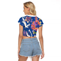 Hawaiian and Japanese Culture Together Raglan Cropped T Shirt Kakau Tribal Pattern and Irezumi Art Blue Color