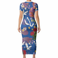 Hawaiian and Japanese Culture Together Short Sleeve Bodycon Dress Kakau Tribal Pattern and Irezumi Art Blue Color LT03 - Polynesian Pride