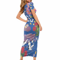 Hawaiian and Japanese Culture Together Short Sleeve Bodycon Dress Kakau Tribal Pattern and Irezumi Art Blue Color LT03 - Polynesian Pride
