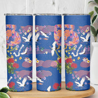 Hawaiian and Japanese Culture Together Skinny Tumbler Kakau Tribal Pattern and Irezumi Art Blue Color