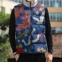 Hawaiian and Japanese Culture Together Sleeveless Puffer Jacket Kakau Tribal Pattern and Irezumi Art Blue Color