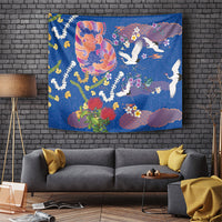 Hawaiian and Japanese Culture Together Tapestry Kakau Tribal Pattern and Irezumi Art Blue Color