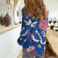 Hawaiian and Japanese Culture Together Women Casual Shirt Kakau Tribal Pattern and Irezumi Art Blue Color