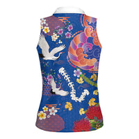 Hawaiian and Japanese Culture Together Women Sleeveless Polo Shirt Kakau Tribal Pattern and Irezumi Art Blue Color