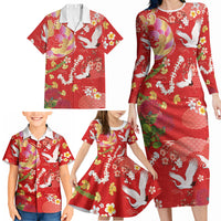 Hawaiian and Japanese Culture Together Family Matching Long Sleeve Bodycon Dress and Hawaiian Shirt Kakau Tribal Pattern and Irezumi Art Red Color LT03 - Polynesian Pride
