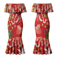 Hawaiian and Japanese Culture Together Family Matching Mermaid Dress and Hawaiian Shirt Kakau Tribal Pattern and Irezumi Art Red Color LT03 Mom's Dress Red - Polynesian Pride
