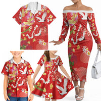 Hawaiian and Japanese Culture Together Family Matching Off The Shoulder Long Sleeve Dress and Hawaiian Shirt Kakau Tribal Pattern and Irezumi Art Red Color LT03 - Polynesian Pride