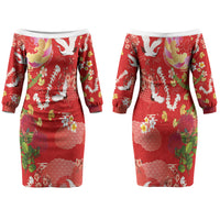 Hawaiian and Japanese Culture Together Family Matching Off The Shoulder Long Sleeve Dress and Hawaiian Shirt Kakau Tribal Pattern and Irezumi Art Red Color LT03 Mom's Dress Red - Polynesian Pride