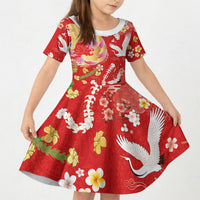 Hawaiian and Japanese Culture Together Kid Short Sleeve Dress Kakau Tribal Pattern and Irezumi Art Red Color LT03 KID Red - Polynesian Pride