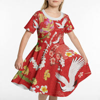 Hawaiian and Japanese Culture Together Kid Short Sleeve Dress Kakau Tribal Pattern and Irezumi Art Red Color LT03 - Polynesian Pride