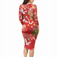 Hawaiian and Japanese Culture Together Long Sleeve Bodycon Dress Kakau Tribal Pattern and Irezumi Art Red Color LT03 - Polynesian Pride