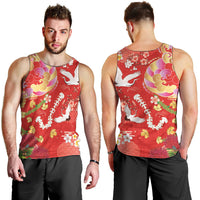 Hawaiian and Japanese Culture Together Men Tank Top Kakau Tribal Pattern and Irezumi Art Red Color