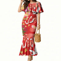 Hawaiian and Japanese Culture Together Mermaid Dress Kakau Tribal Pattern and Irezumi Art Red Color LT03 Women Red - Polynesian Pride
