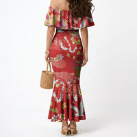 Hawaiian and Japanese Culture Together Mermaid Dress Kakau Tribal Pattern and Irezumi Art Red Color LT03 - Polynesian Pride