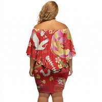 Hawaiian and Japanese Culture Together Off Shoulder Short Dress Kakau Tribal Pattern and Irezumi Art Red Color LT03 - Polynesian Pride